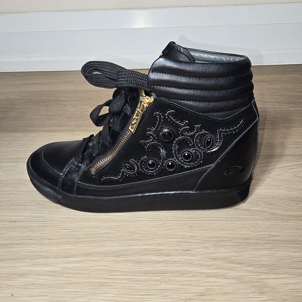 Alberto Guardiani Sport Made in Italy Black Leather Suede Wedge Sneakers EU 38